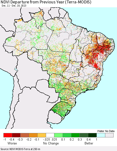 Brazil NDVI Departure from Previous Year (Terra-MODIS) Thematic Map For 12/11/2023 - 12/18/2023