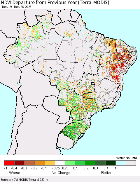 Brazil NDVI Departure from Previous Year (Terra-MODIS) Thematic Map For 12/19/2023 - 12/26/2023