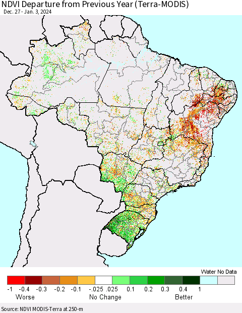 Brazil NDVI Departure from Previous Year (Terra-MODIS) Thematic Map For 12/27/2023 - 1/3/2024