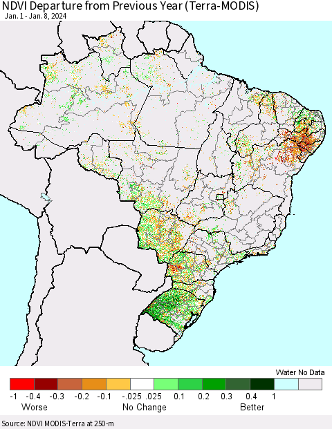 Brazil NDVI Departure from Previous Year (Terra-MODIS) Thematic Map For 1/1/2024 - 1/8/2024