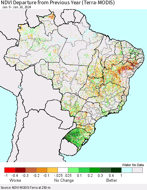 Brazil NDVI Departure from Previous Year (Terra-MODIS) Thematic Map For 1/9/2024 - 1/16/2024