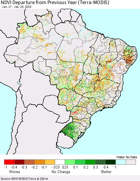 Brazil NDVI Departure from Previous Year (Terra-MODIS) Thematic Map For 1/17/2024 - 1/24/2024