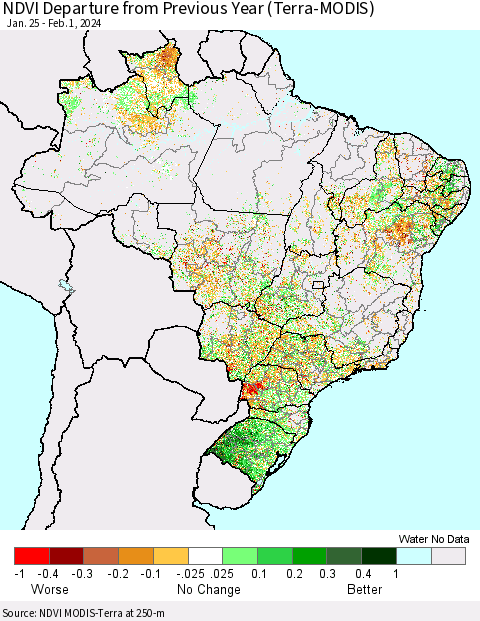Brazil NDVI Departure from Previous Year (Terra-MODIS) Thematic Map For 1/25/2024 - 2/1/2024
