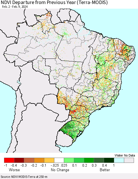 Brazil NDVI Departure from Previous Year (Terra-MODIS) Thematic Map For 2/2/2024 - 2/9/2024