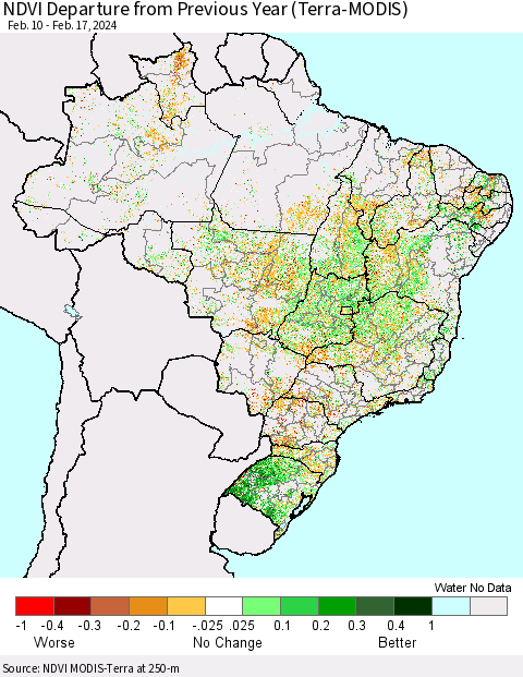 Brazil NDVI Departure from Previous Year (Terra-MODIS) Thematic Map For 2/10/2024 - 2/17/2024