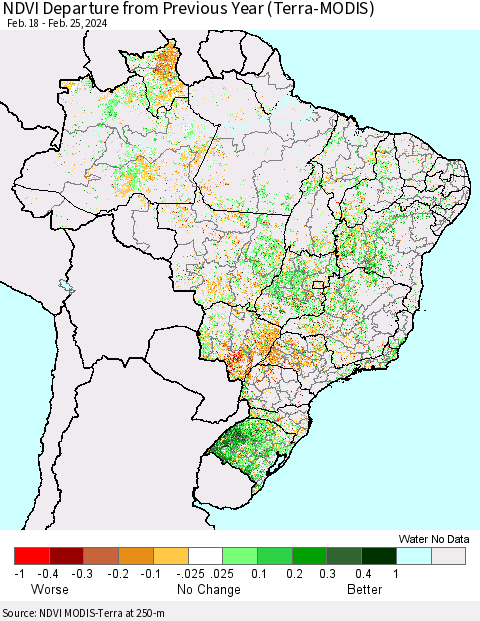 Brazil NDVI Departure from Previous Year (Terra-MODIS) Thematic Map For 2/18/2024 - 2/25/2024