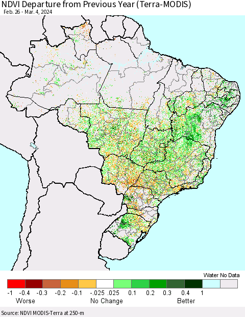 Brazil NDVI Departure from Previous Year (Terra-MODIS) Thematic Map For 2/26/2024 - 3/4/2024