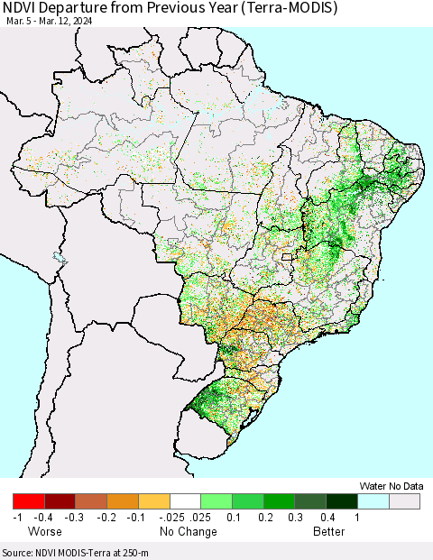 Brazil NDVI Departure from Previous Year (Terra-MODIS) Thematic Map For 3/5/2024 - 3/12/2024