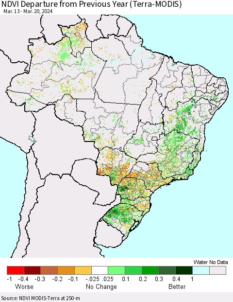 Brazil NDVI Departure from Previous Year (Terra-MODIS) Thematic Map For 3/13/2024 - 3/20/2024