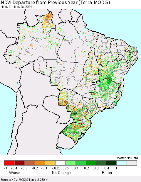 Brazil NDVI Departure from Previous Year (Terra-MODIS) Thematic Map For 3/21/2024 - 3/28/2024