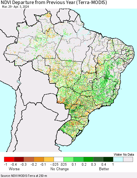Brazil NDVI Departure from Previous Year (Terra-MODIS) Thematic Map For 3/29/2024 - 4/5/2024