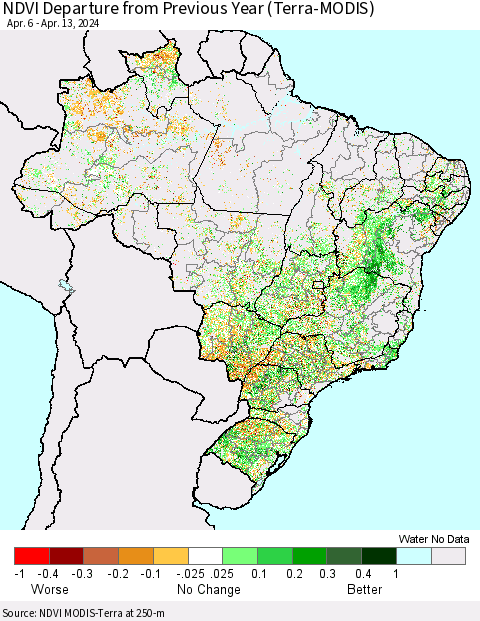 Brazil NDVI Departure from Previous Year (Terra-MODIS) Thematic Map For 4/6/2024 - 4/13/2024