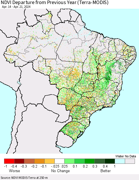 Brazil NDVI Departure from Previous Year (Terra-MODIS) Thematic Map For 4/14/2024 - 4/21/2024