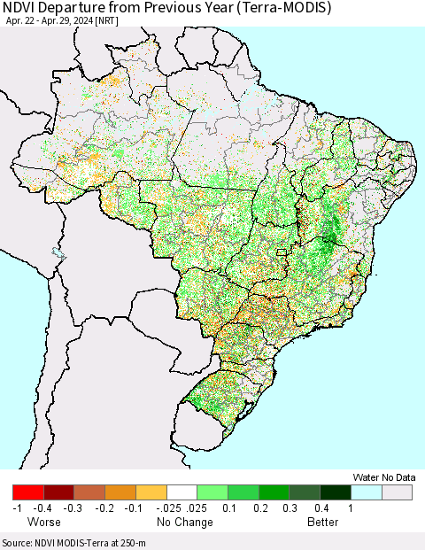 Brazil NDVI Departure from Previous Year (Terra-MODIS) Thematic Map For 4/22/2024 - 4/29/2024