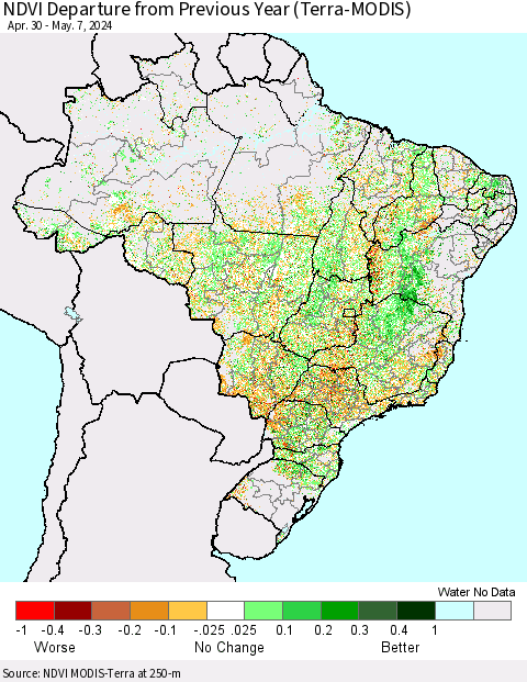 Brazil NDVI Departure from Previous Year (Terra-MODIS) Thematic Map For 4/30/2024 - 5/7/2024