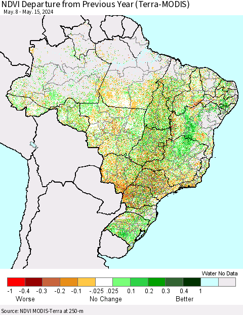 Brazil NDVI Departure from Previous Year (Terra-MODIS) Thematic Map For 5/8/2024 - 5/15/2024