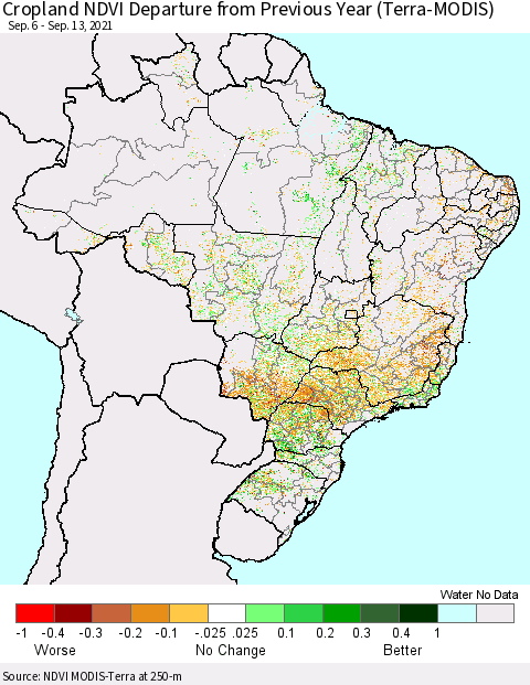 Brazil Cropland NDVI Departure from Previous Year (Terra-MODIS) Thematic Map For 9/6/2021 - 9/13/2021