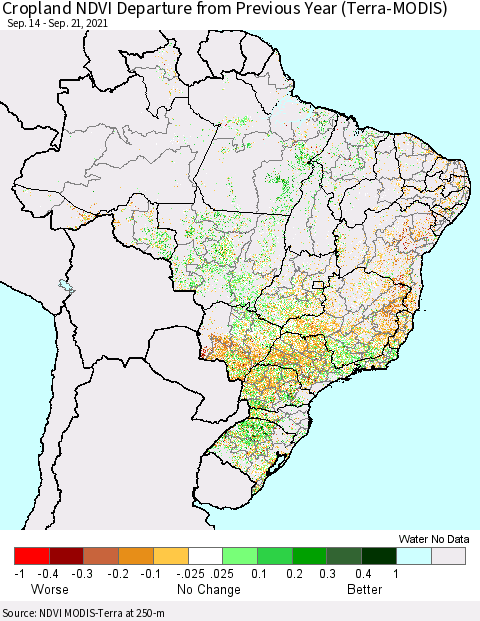 Brazil Cropland NDVI Departure from Previous Year (Terra-MODIS) Thematic Map For 9/14/2021 - 9/21/2021