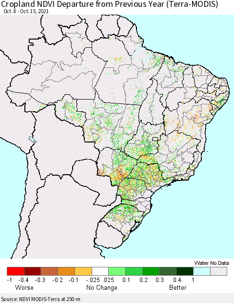 Brazil Cropland NDVI Departure from Previous Year (Terra-MODIS) Thematic Map For 10/8/2021 - 10/15/2021
