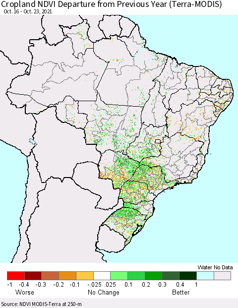 Brazil Cropland NDVI Departure from Previous Year (Terra-MODIS) Thematic Map For 10/16/2021 - 10/23/2021