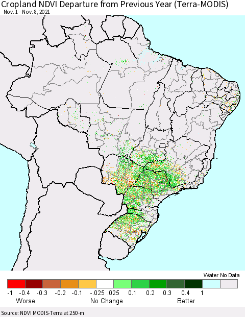Brazil Cropland NDVI Departure from Previous Year (Terra-MODIS) Thematic Map For 11/1/2021 - 11/8/2021