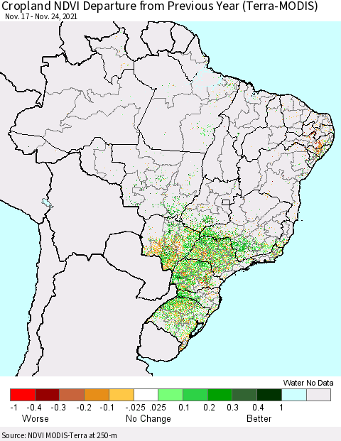 Brazil Cropland NDVI Departure from Previous Year (Terra-MODIS) Thematic Map For 11/17/2021 - 11/24/2021