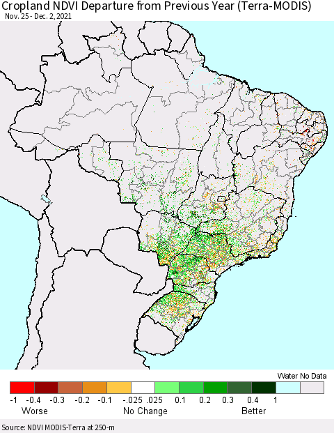 Brazil Cropland NDVI Departure from Previous Year (Terra-MODIS) Thematic Map For 11/25/2021 - 12/2/2021
