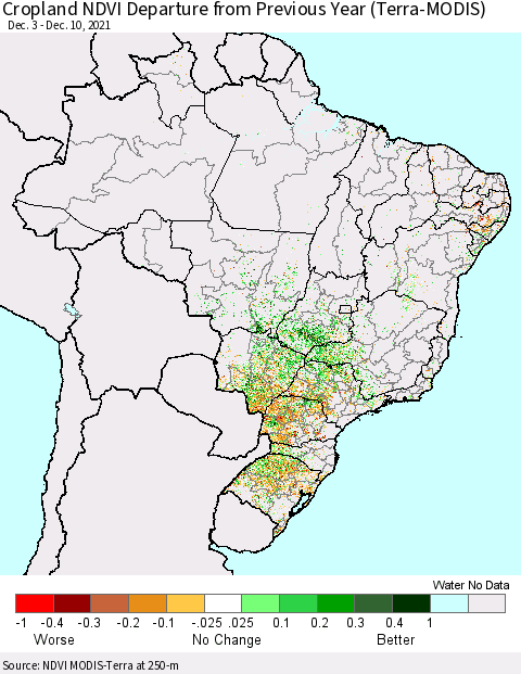 Brazil Cropland NDVI Departure from Previous Year (Terra-MODIS) Thematic Map For 12/3/2021 - 12/10/2021