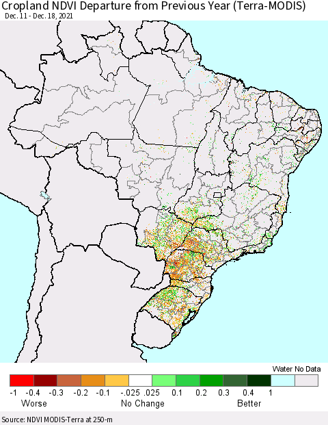 Brazil Cropland NDVI Departure from Previous Year (Terra-MODIS) Thematic Map For 12/11/2021 - 12/18/2021