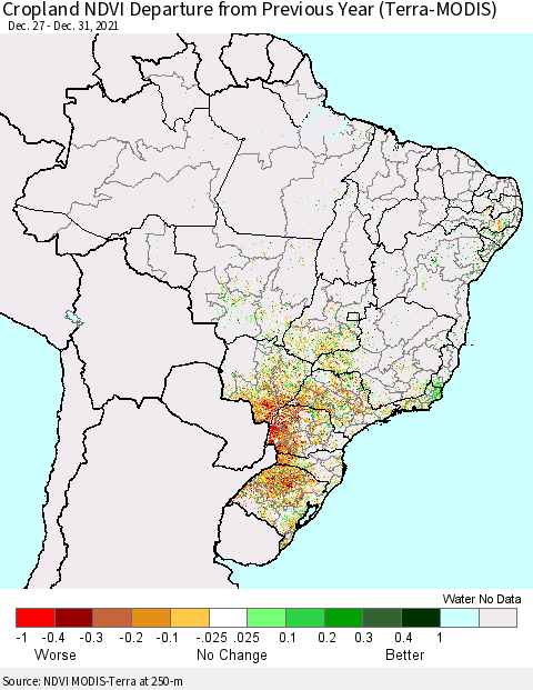 Brazil Cropland NDVI Departure from Previous Year (Terra-MODIS) Thematic Map For 12/26/2021 - 1/2/2022