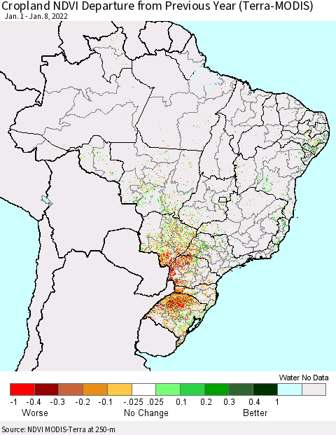 Brazil Cropland NDVI Departure from Previous Year (Terra-MODIS) Thematic Map For 1/1/2022 - 1/8/2022