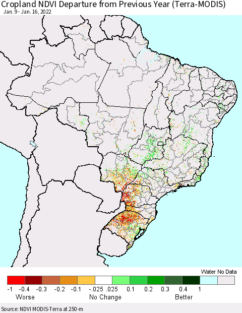 Brazil Cropland NDVI Departure from Previous Year (Terra-MODIS) Thematic Map For 1/9/2022 - 1/16/2022