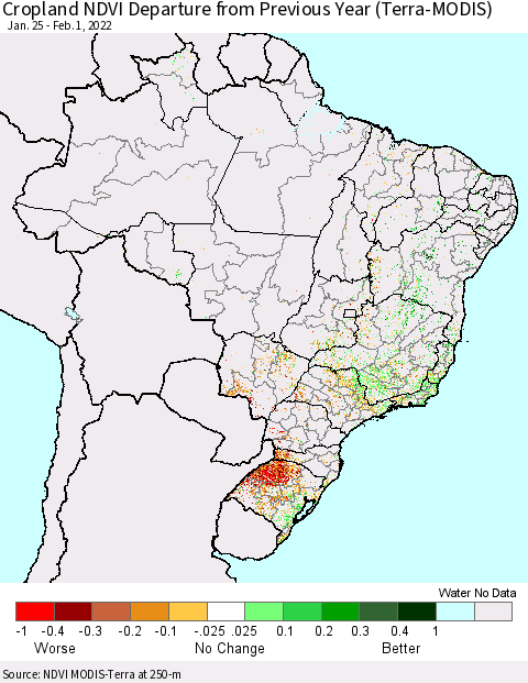 Brazil Cropland NDVI Departure from Previous Year (Terra-MODIS) Thematic Map For 1/25/2022 - 2/1/2022