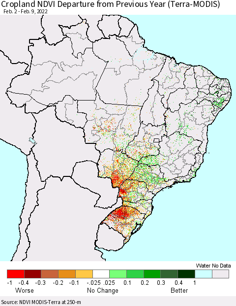 Brazil Cropland NDVI Departure from Previous Year (Terra-MODIS) Thematic Map For 2/2/2022 - 2/9/2022