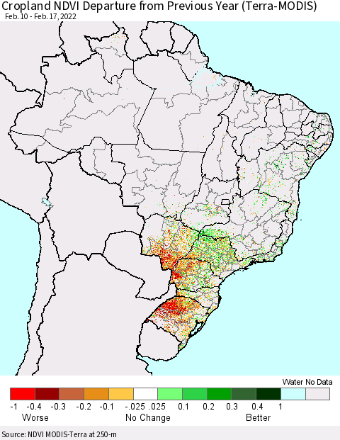 Brazil Cropland NDVI Departure from Previous Year (Terra-MODIS) Thematic Map For 2/10/2022 - 2/17/2022