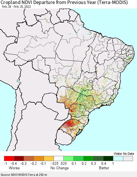Brazil Cropland NDVI Departure from Previous Year (Terra-MODIS) Thematic Map For 2/18/2022 - 2/25/2022