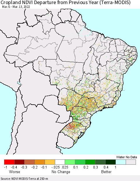 Brazil Cropland NDVI Departure from Previous Year (Terra-MODIS) Thematic Map For 3/6/2022 - 3/13/2022