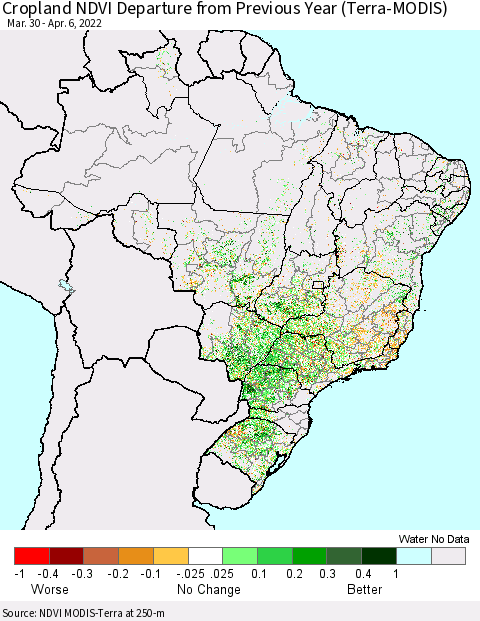 Brazil Cropland NDVI Departure from Previous Year (Terra-MODIS) Thematic Map For 3/30/2022 - 4/6/2022