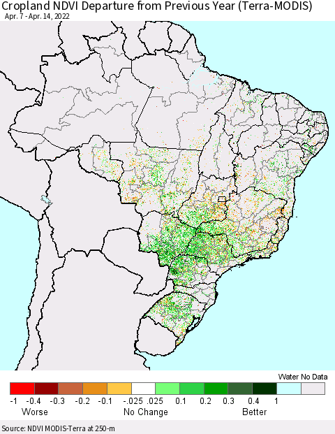 Brazil Cropland NDVI Departure from Previous Year (Terra-MODIS) Thematic Map For 4/7/2022 - 4/14/2022