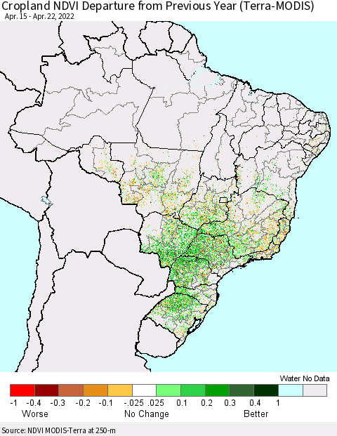 Brazil Cropland NDVI Departure from Previous Year (Terra-MODIS) Thematic Map For 4/15/2022 - 4/22/2022