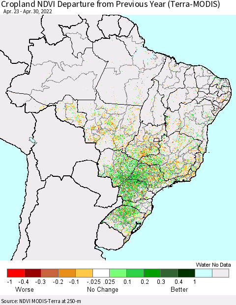 Brazil Cropland NDVI Departure from Previous Year (Terra-MODIS) Thematic Map For 4/23/2022 - 4/30/2022