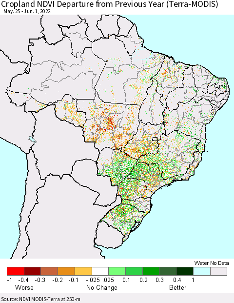 Brazil Cropland NDVI Departure from Previous Year (Terra-MODIS) Thematic Map For 5/25/2022 - 6/1/2022