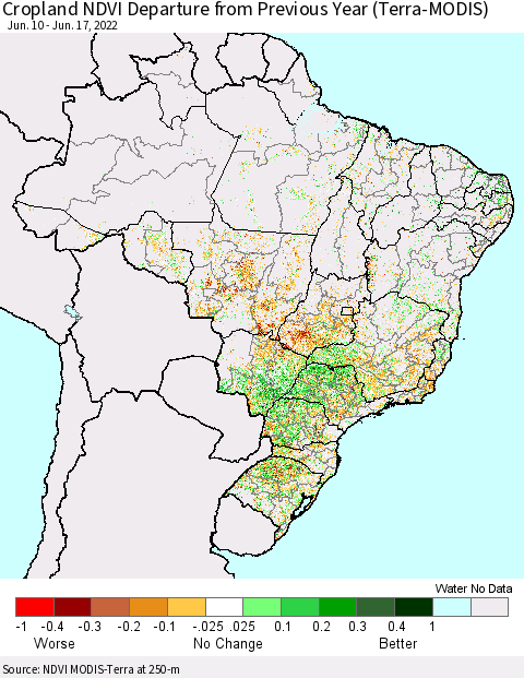 Brazil Cropland NDVI Departure from Previous Year (Terra-MODIS) Thematic Map For 6/10/2022 - 6/17/2022