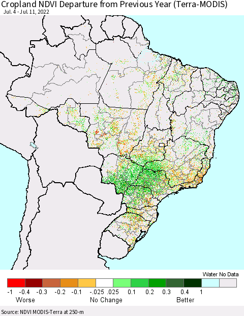 Brazil Cropland NDVI Departure from Previous Year (Terra-MODIS) Thematic Map For 7/4/2022 - 7/11/2022