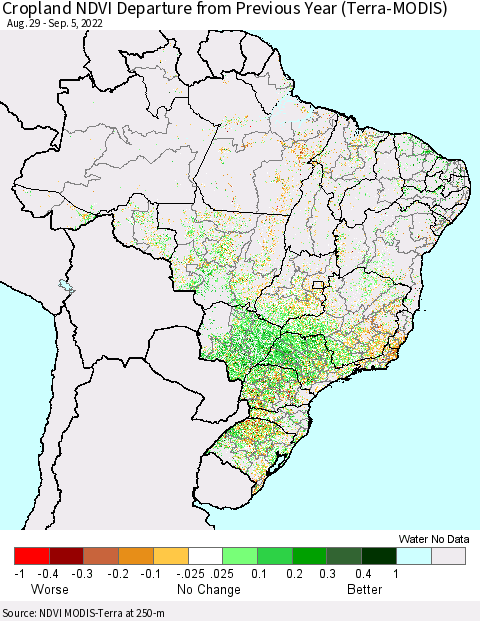 Brazil Cropland NDVI Departure from Previous Year (Terra-MODIS) Thematic Map For 8/29/2022 - 9/5/2022