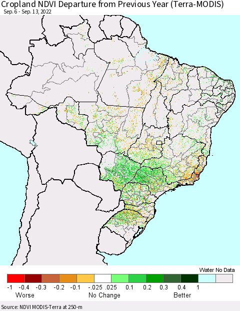 Brazil Cropland NDVI Departure from Previous Year (Terra-MODIS) Thematic Map For 9/6/2022 - 9/13/2022