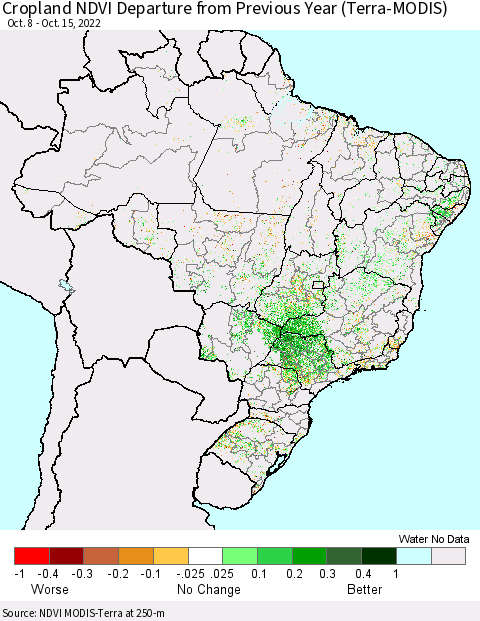 Brazil Cropland NDVI Departure from Previous Year (Terra-MODIS) Thematic Map For 10/8/2022 - 10/15/2022