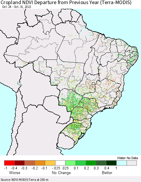 Brazil Cropland NDVI Departure from Previous Year (Terra-MODIS) Thematic Map For 10/24/2022 - 10/31/2022