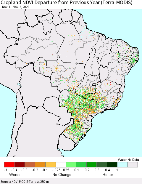 Brazil Cropland NDVI Departure from Previous Year (Terra-MODIS) Thematic Map For 11/1/2022 - 11/8/2022