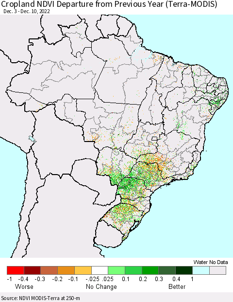 Brazil Cropland NDVI Departure from Previous Year (Terra-MODIS) Thematic Map For 12/3/2022 - 12/10/2022